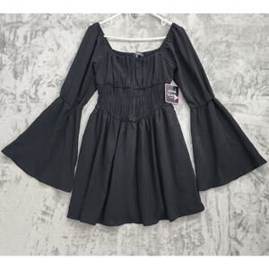NEW Mixed Threads Dress Womens S Black Smocked Mini Peasant Goth Bell Sleeves